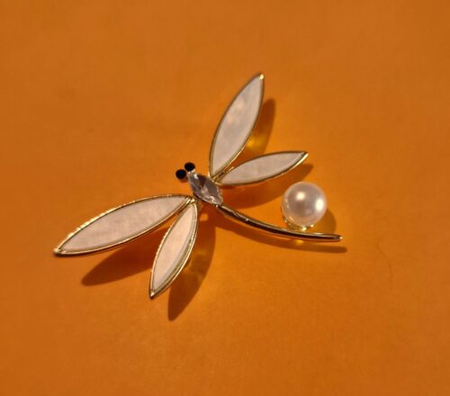 beautiful dragonfly gold plated brooch on orange background